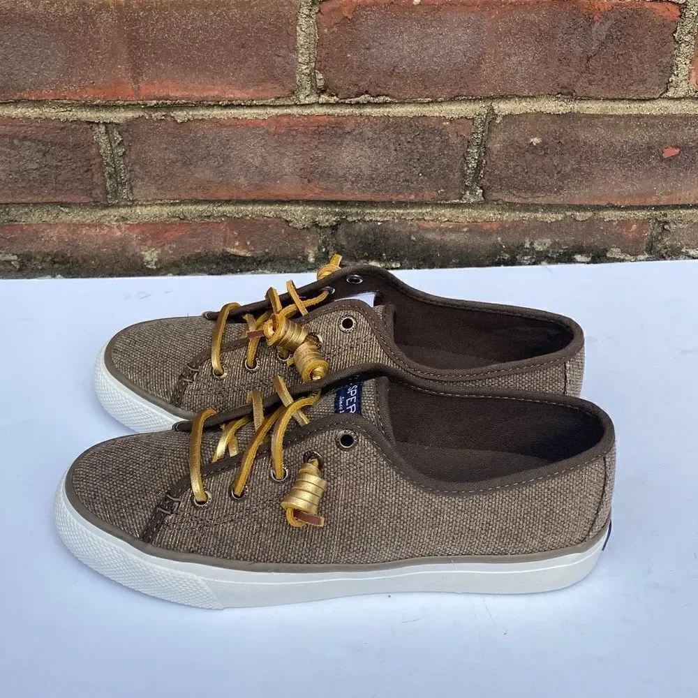 Sperry Top Sider Taupe & Gold Sparkle Seacoast Canvas Sneakers Size 5.5 NEW